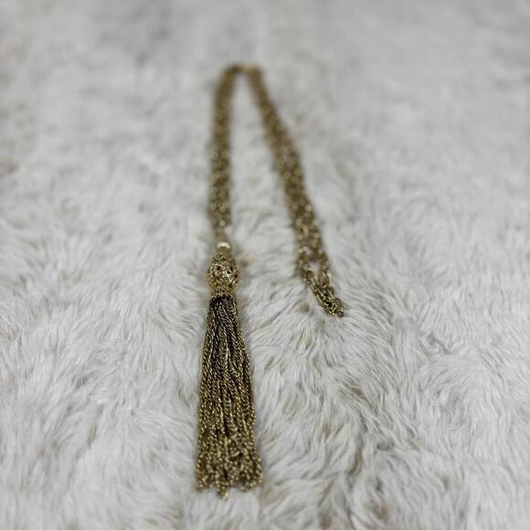 Jewelry - Vintage Gold Tone Long Tassel Necklace Boho Filigree Chain 1960s 1970s